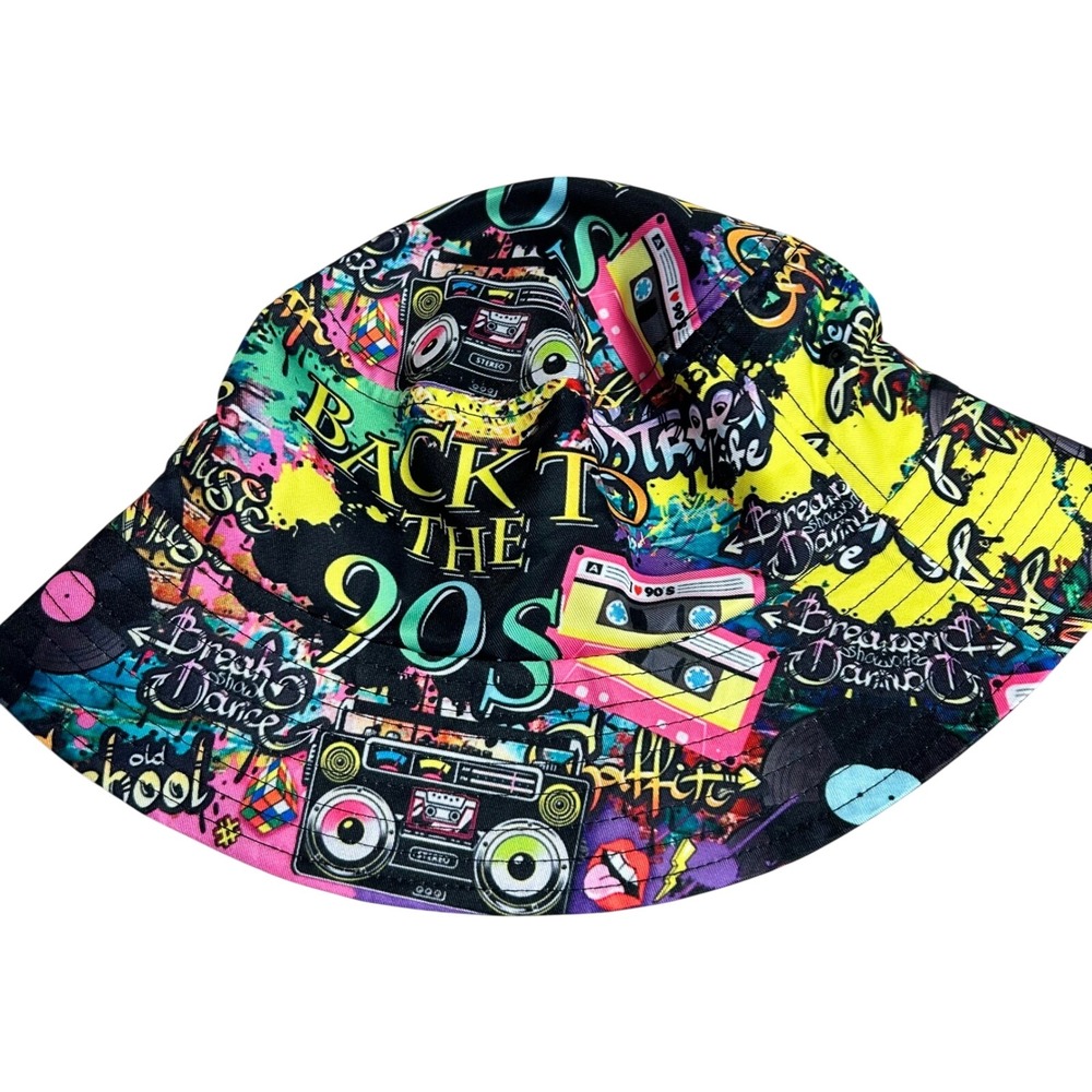 Back to the 90s Graffiti Bucket Hat Neon Retro Boombox Cassette Print 342